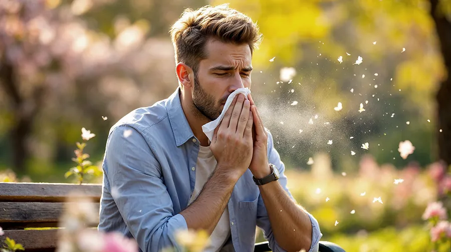 Mann mit Pollenallergie im Freien Mann mit Pollenallergie im Freien