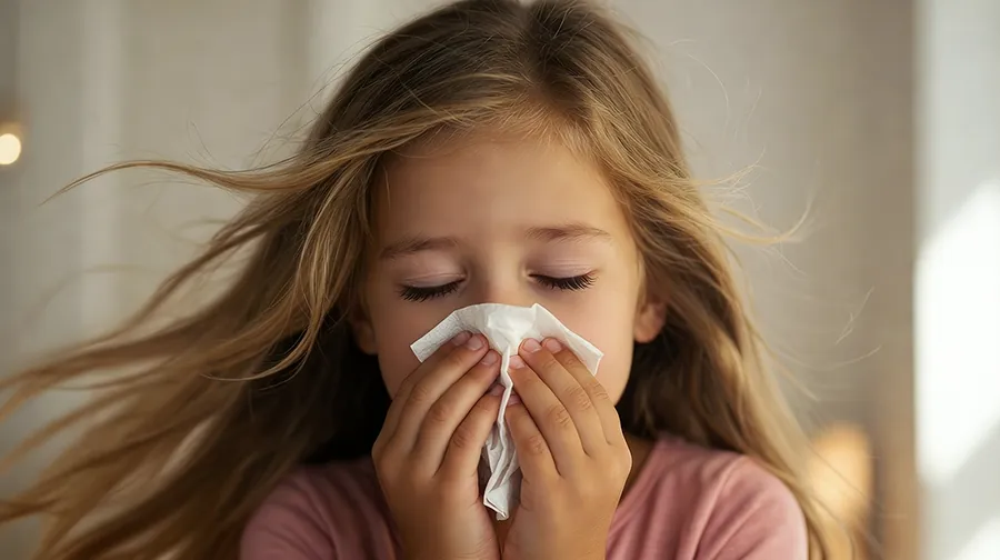 Mädchen mit Allergie putzt sich die Nase Mädchen mit Allergie putzt sich die Nase