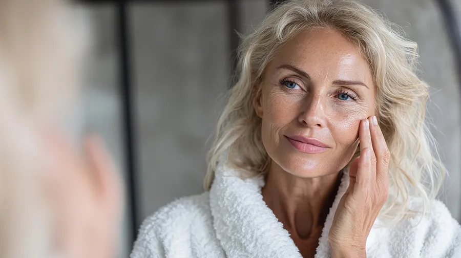 botox_01 Frau mit grauen Haaren im Bademantel berührt ihre Wange