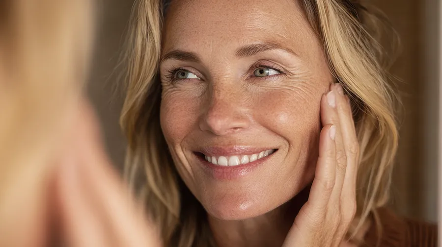 botox_02 Lächelnde Frau mit glatter Haut legt die Hand an ihr Gesicht