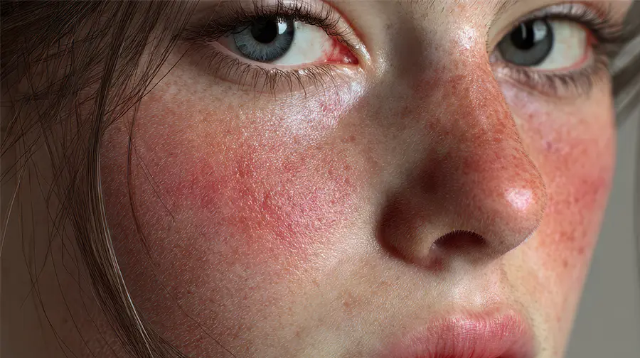Gesichtsrötungen auf Wangen und Nase bei Rosazea Gesichtsrötungen auf Wangen und Nase bei Rosazea